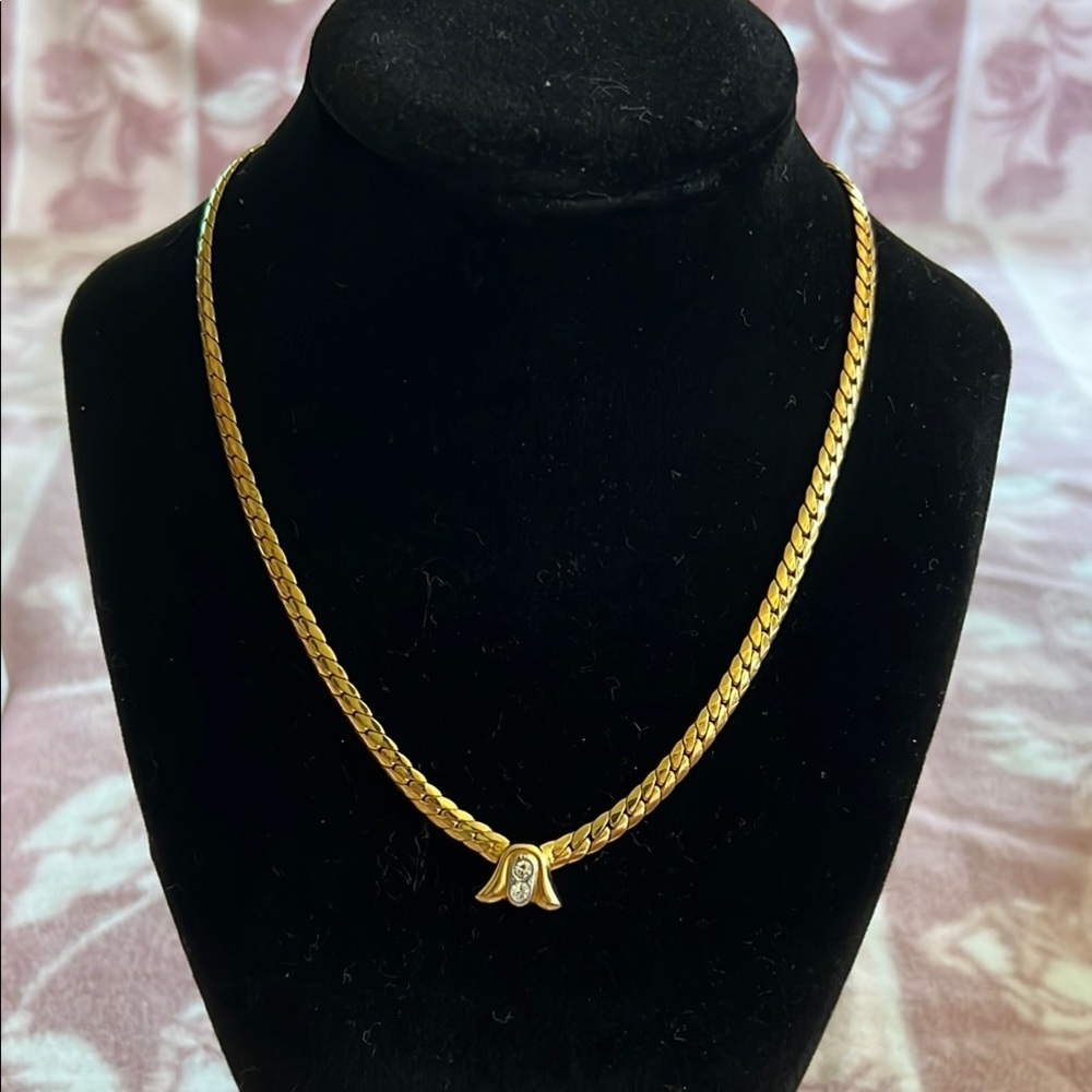 Vintage Gold-Tone Herringbone Chain Necklace with Rhinestone Accent 14 inch